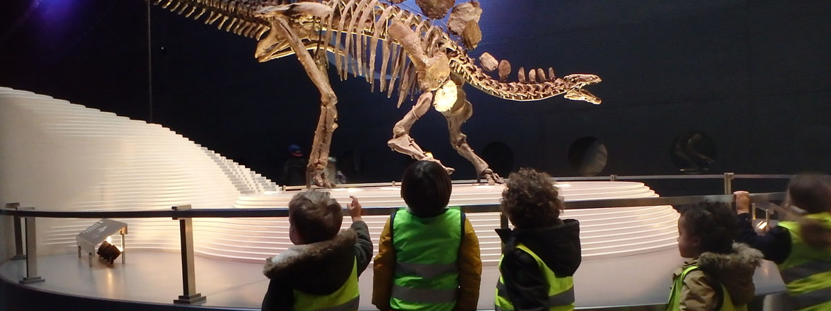 young children visitng a dinosaur in a museum with minihome nursery